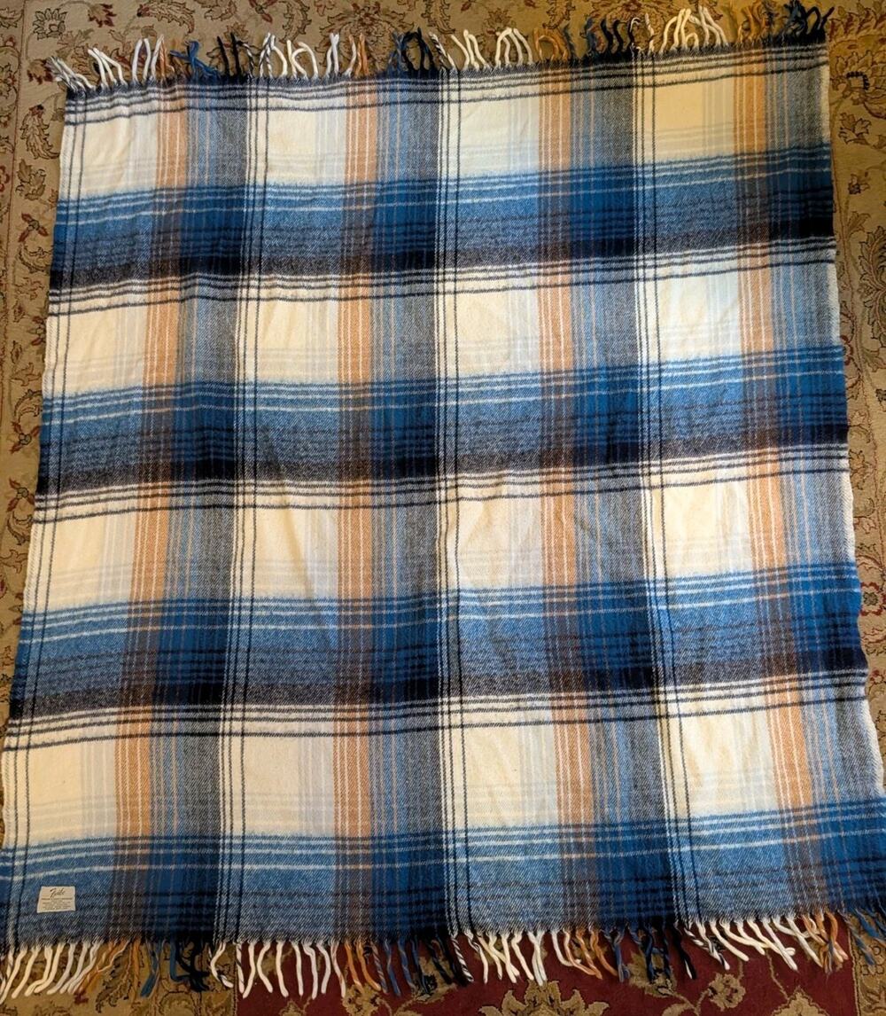 VTG Faribu Wool Blanket Blue Plaid Faribault Woolen Mill Co. 58 X 51